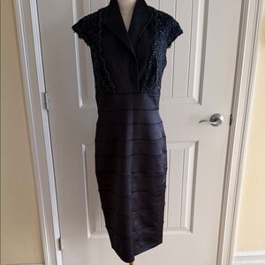 Tadashi Shoji Navy Midi Dress with Lace Details